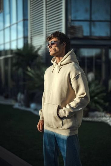 Üç İplik Penye Kapşonlu Basic SweatShirt - Bej resmi