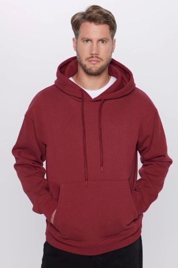 Üç İplik Penye Kapşonlu Basic SweatShirt - Bordo resmi