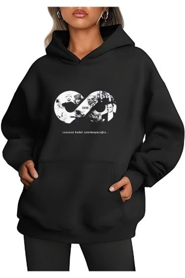 Üç İplik Kapşonlu 10 Kasıma Özel SweatShirt - Siyah resmi