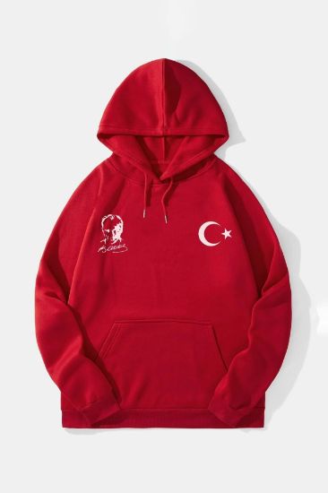 10 Kasıma Özel Üç İplik Kapşonlu Baskılı SweatShirt - Kırmızı resmi