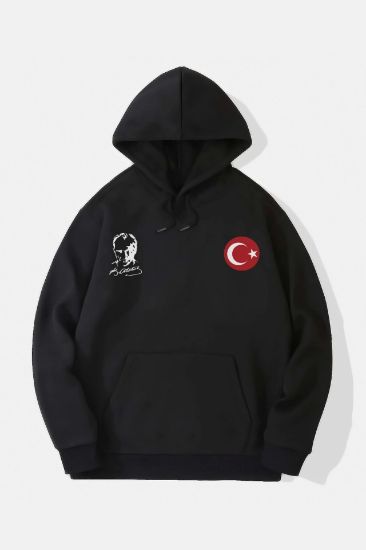 10 Kasıma Özel Üç İplik Kapşonlu Baskılı SweatShirt - Siyah resmi