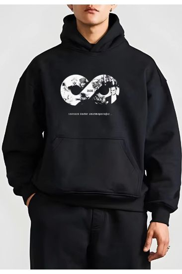 10 Kasıma Özel Üç İplik Kapşonlu Baskılı SweatShirt - Siyah resmi
