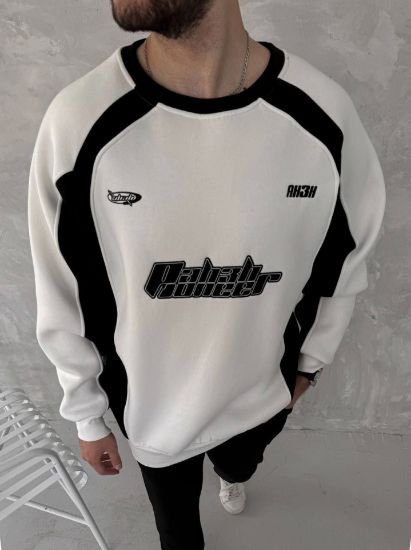 Kışlık Nakış İşlemeli Bisiklet Yaka Parçalı SweatShirt - Beyaz resmi