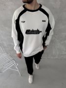 Kışlık Nakış İşlemeli Bisiklet Yaka Parçalı SweatShirt - Beyaz resmi