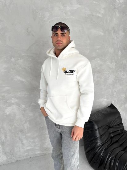 Kışlık Üç İplik Kapşonlu SweatShirt - Beyaz resmi