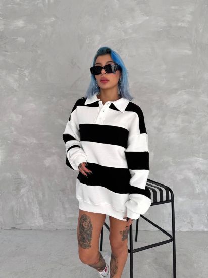 Unisex Üç İplik Parçalı Yakalı SweatShirt - Siyah resmi