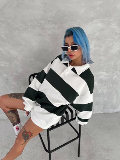 Unisex Üç İplik Parçalı Yakalı SweatShirt - Yeşil resmi