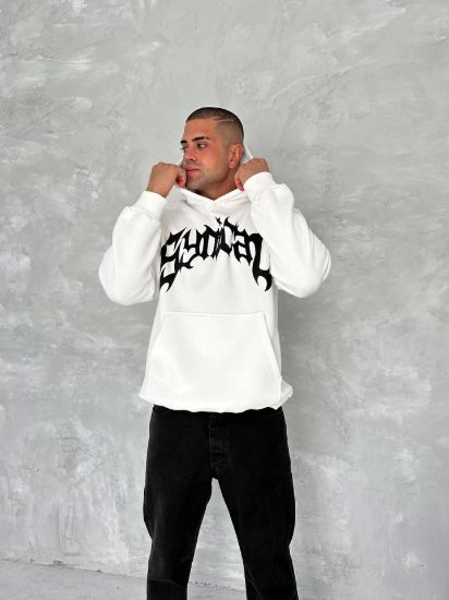 Unisex Üç İplik Kapşonlu Baskılı SweatShirt - Beyaz resmi