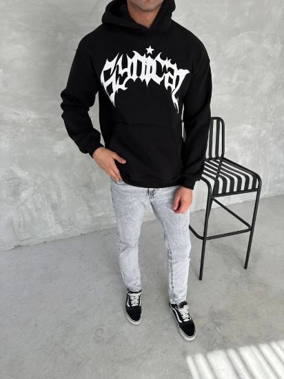 Unisex Üç İplik Kapşonlu Baskılı SweatShirt - Siyah resmi