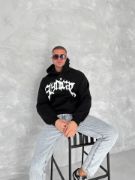 Unisex Üç İplik Kapşonlu Baskılı SweatShirt - Siyah resmi