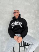 Unisex Üç İplik Kapşonlu Baskılı SweatShirt - Siyah resmi