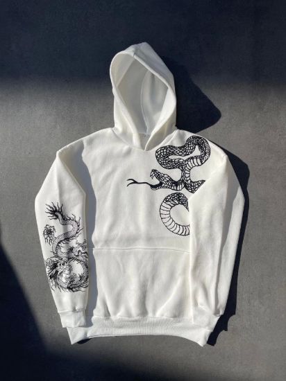Uzun Kol Kapşonlu Baskılı SweatShirt - Beyaz resmi