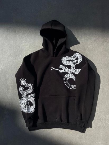 Uzun Kol Kapşonlu Baskılı SweatShirt - Siyah resmi