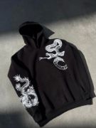 Uzun Kol Kapşonlu Baskılı SweatShirt - Siyah resmi