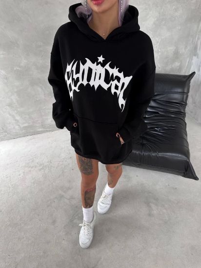 Unisex Üç İplik Kapşonlu Baskılı SweatShirt - Siyah resmi