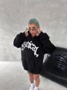 Unisex Üç İplik Kapşonlu Baskılı SweatShirt - Siyah resmi