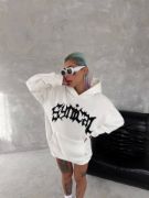Unisex Üç İplik Kapşonlu Baskılı SweatShirt - Beyaz resmi