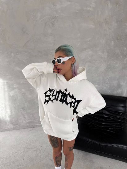 Unisex Üç İplik Kapşonlu Baskılı SweatShirt - Beyaz resmi