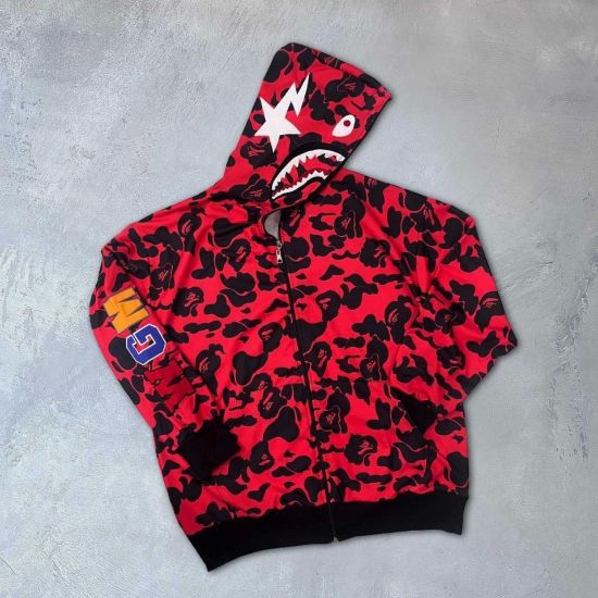 Unisex 2 İplik Bape Kapüşonu Fermuarlı Hırka - Kırmızı resmi