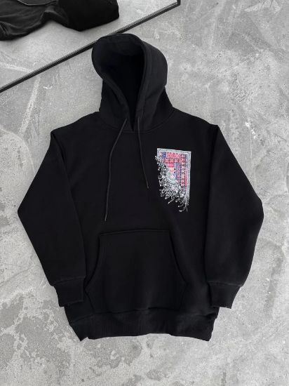 Uzun Kol Kapşonlu Ön Ve Arka Baskılı SweatShirt - Siyah resmi