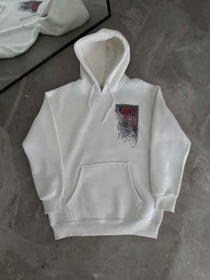 Uzun Kol Kapşonlu Ön Ve Arka Baskılı SweatShirt - Beyaz resmi