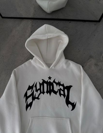 Üç İplik Kapşonlu Baskılı Oversize SweatShirt-  Beyaz resmi