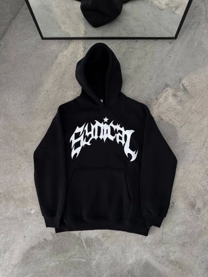 Üç İplik Kapşonlu Baskılı Oversize SweatShirt- Siyah resmi