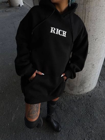 Uzun Kol Kapşonlu Göğüs Baskılı SweatShirt - Siyah resmi