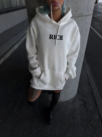 Uzun Kol Kapşonlu Göğüs Baskılı SweatShirt - Beyaz resmi