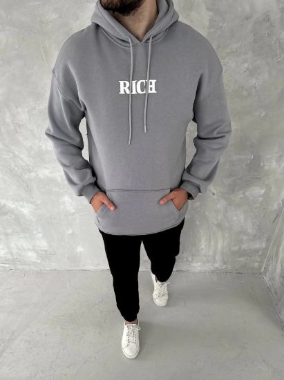 Uzun Kol Kapşonlu Göğüs Baskılı SweatShirt - Gri resmi