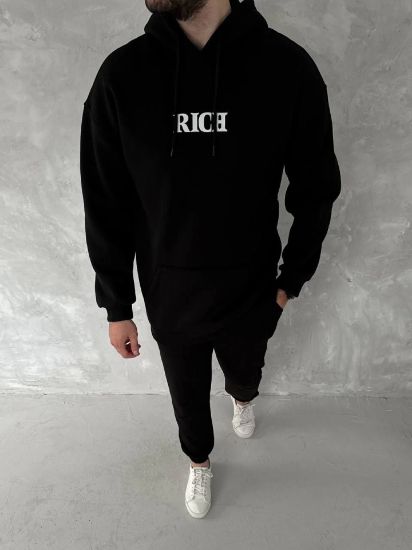 Uzun Kol Kapşonlu Göğüs Baskılı SweatShirt - Siyah resmi