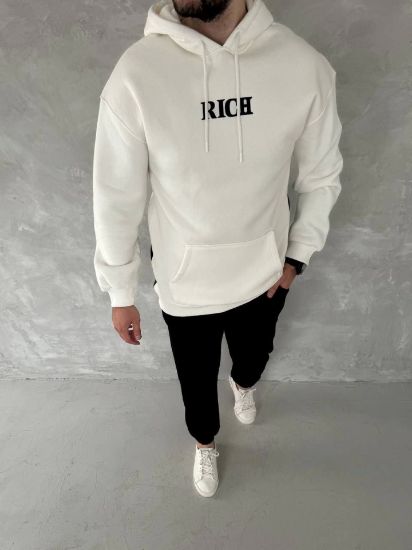 Uzun Kol Kapşonlu Göğüs Baskılı SweatShirt - Beyaz resmi