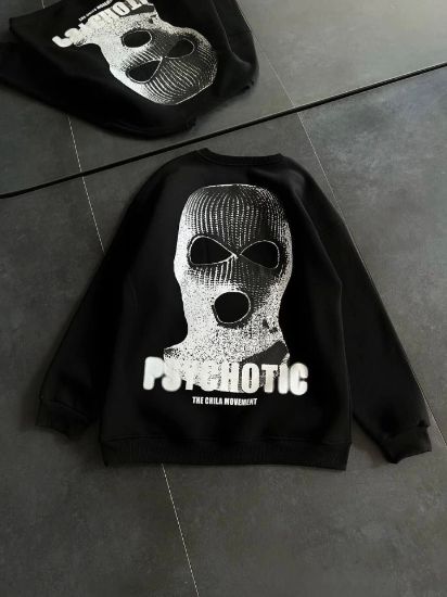 Kışlık Bisiklet Yaka Baskılı SweatShirt - Siyah resmi