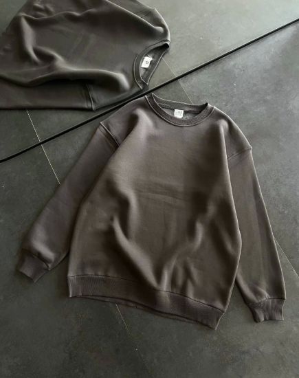 Kışlık Bisiklet Yaka Üç İplik Basic SweatShirt - Füme resmi