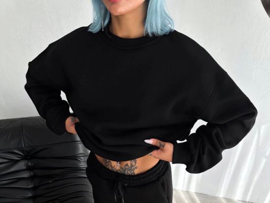 Kışlık Bisiklet Yaka Üç İplik Basic SweatShirt - Siyah resmi
