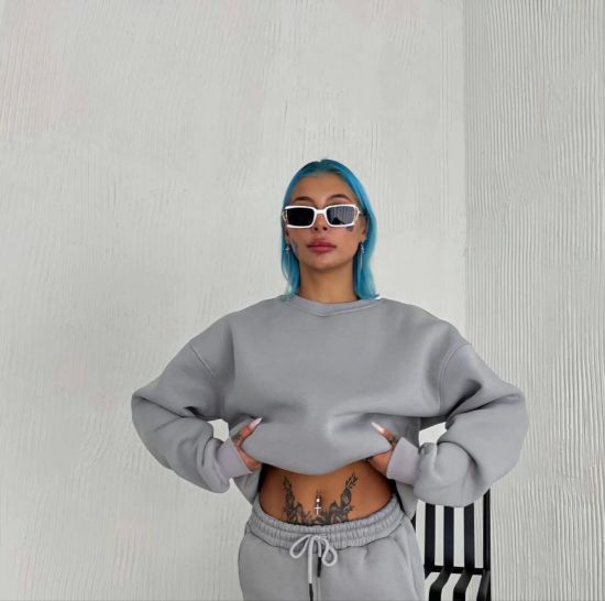 Kışlık Bisiklet Yaka Üç İplik Basic SweatShirt - Gri resmi