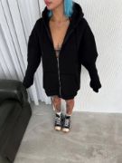 Oversize Tam Fermuarlı Uzun Kol Hırka - Siyah resmi