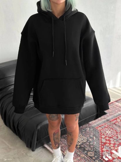 Kapşonlu Üç İplik Penye Basic SweatShirt - Siyah resmi