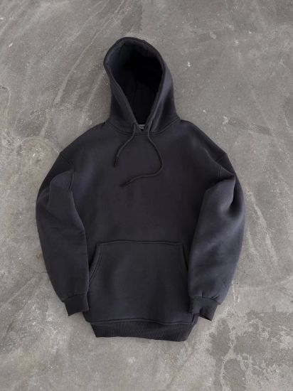 Kapşonlu Üç İplik Penye Basic SweatShirt - Füme resmi