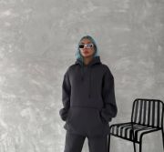 Kapşonlu Üç İplik Penye Basic SweatShirt - Füme resmi