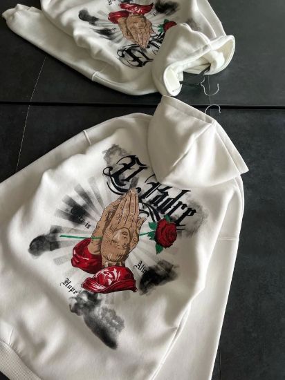 Üç İplik Penye Uzun Kol Kapşonlu Baskılı SweatShirt - Beyaz resmi