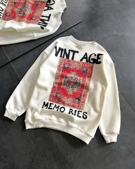 Bisiklet Yaka Üç İplik Baskılı Oversize SweatShirt - Beyaz resmi
