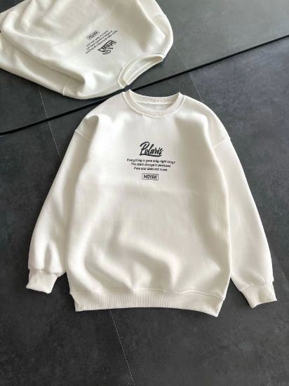 Kışlık Bisiklet Yaka Ön Ve Arka Baskılı SweatShirt - Beyaz resmi