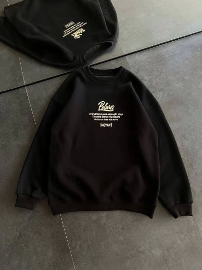Kışlık Bisiklet Yaka Ön Ve Arka Baskılı SweatShirt - Siyah resmi