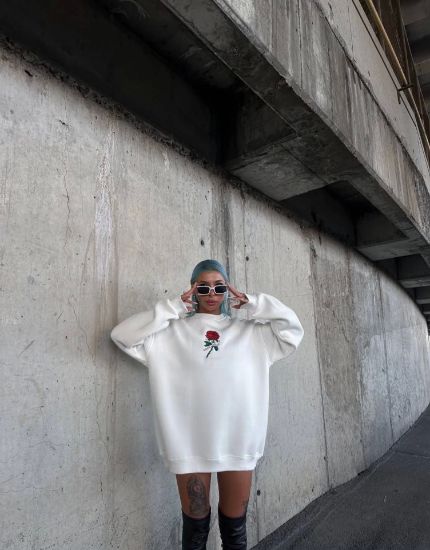 Oversize Üç İplik Bisiklet Yaka Baskılı SweatShirt - Beyaz resmi