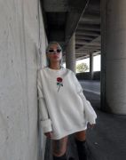 Oversize Üç İplik Bisiklet Yaka Baskılı SweatShirt - Beyaz resmi
