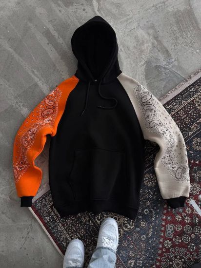 Üç İplik Penye Kapşonlu Parçalı SweatShirt - Siyah resmi