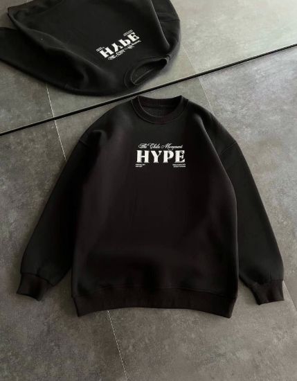 Üç İplik Bisiklet Yaka Baskılı SweatShirt - Siyah resmi