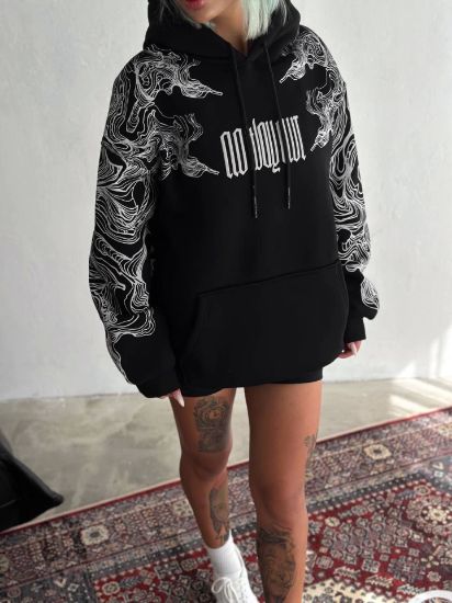 Kışlık Üç İplik Baskılı Kapşonlu SweatShirt - Siyah resmi