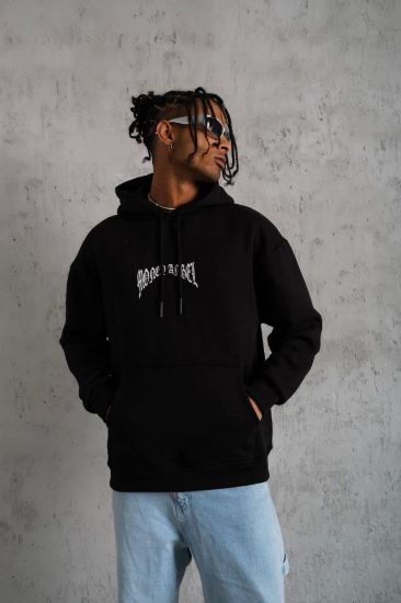 Erkek Kordon İpli Baskılı Kapüşonlu Sweatshirt - Siyah resmi